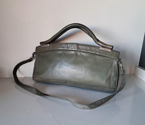 Vintage Gray-Green Leather Handbag: 80s Mod Top Handle Shoulder Bag