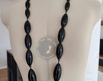 Vintage Chunky Black Beaded Necklace - Bold Oval Statement Resin Beads