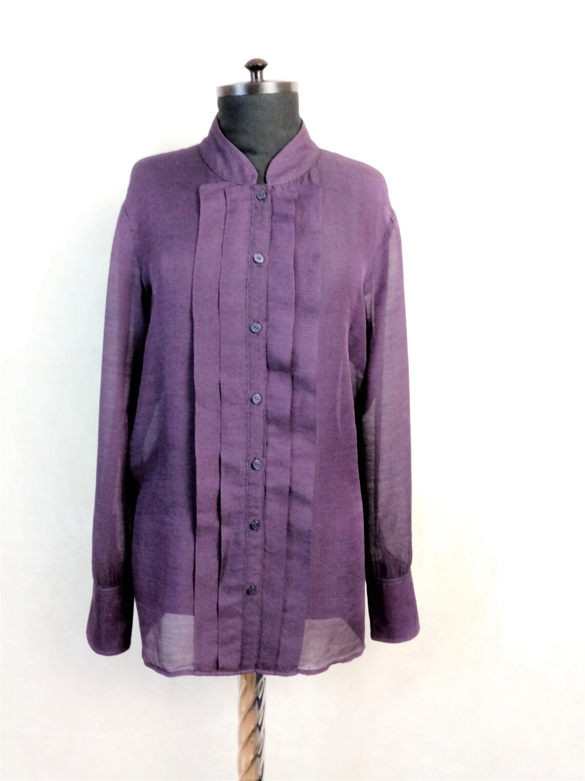 Vintage Thomas Pink Wool Silk Blouse: Purple Pleated Shirt, Size 12, photo 1 of 5