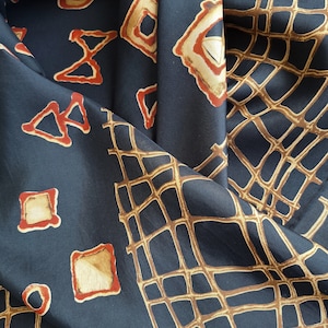 Vintage Silk Scarf Geometric Black Brown Square Scarf, Hand Rolled Edges, 35&#39;&#39;