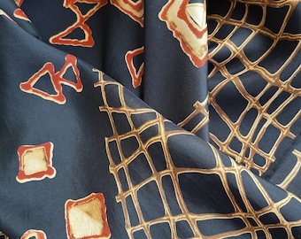 Szal z jedwabiu w stylu vintage, geometryczny, czarno-brązowy, kwadratowy, ręcznie rolowane brzegi, 35''