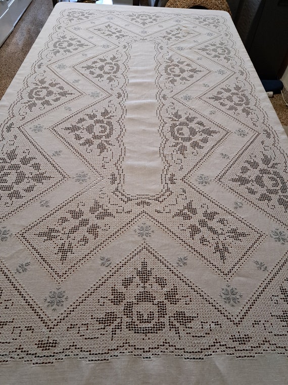 ヴィンテージ手刺繍リネンテーブルクロスセット：カットワーク