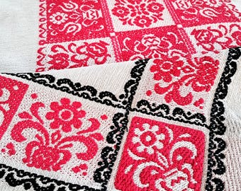 Vintage 60s Rustic Woven Tablecloth Red/Black Floral and Ornamental Motifs Folkloric Traditional Textile