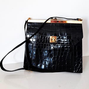 Vintage Black Genuine Leather and Gold Accents Shoulder Bag Unica by Miramare Made in Italy