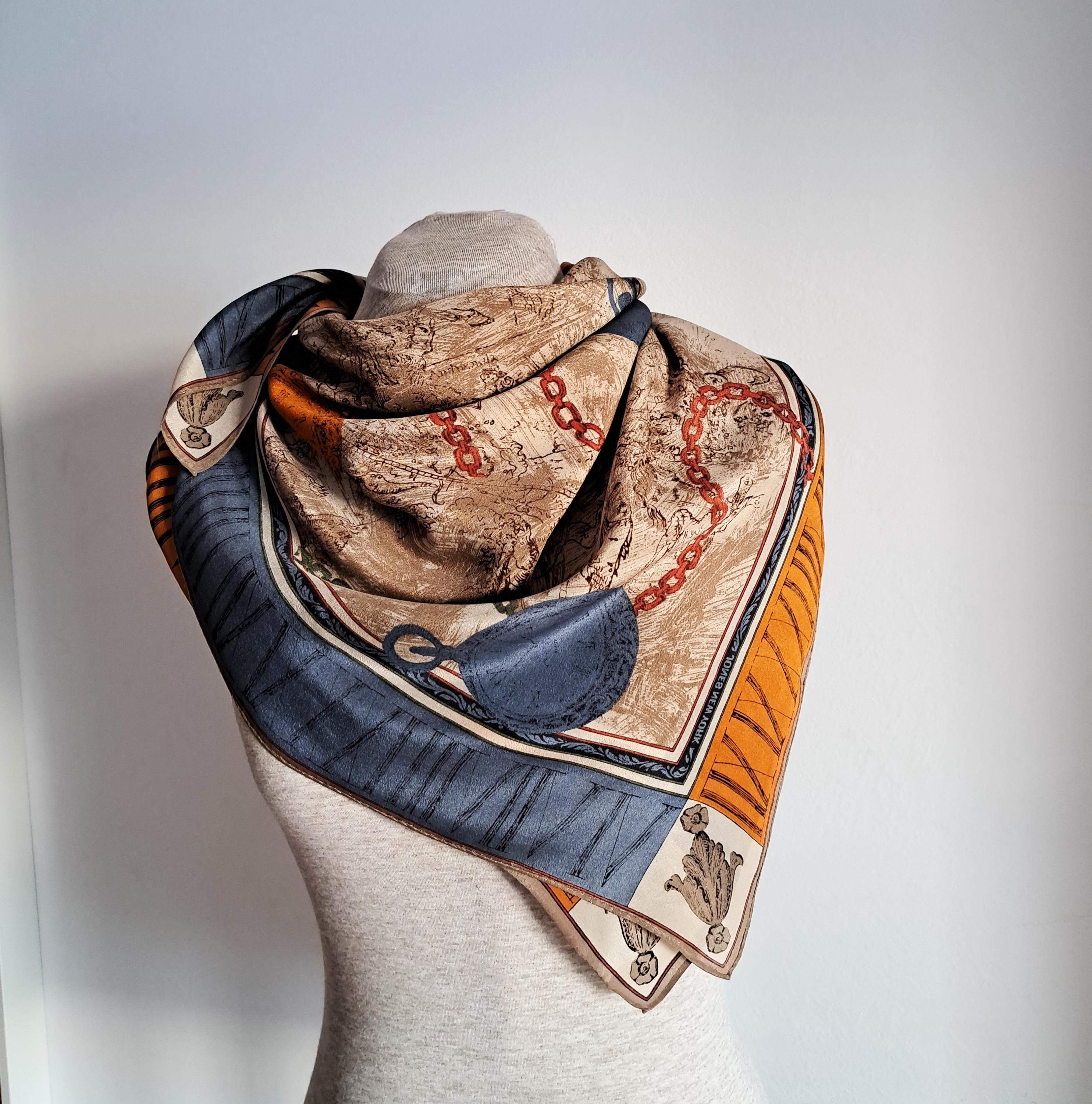 Vintage Jones New York Silk Scarf: Timepieces Pattern, Blue