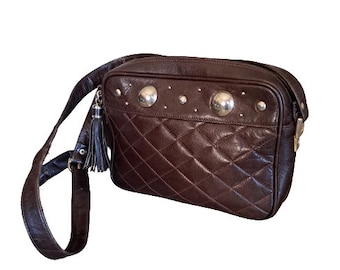 Quilted and Studded Shoulder Bag, Brown Genuine Leather Bag, Vintage Women's Handbag