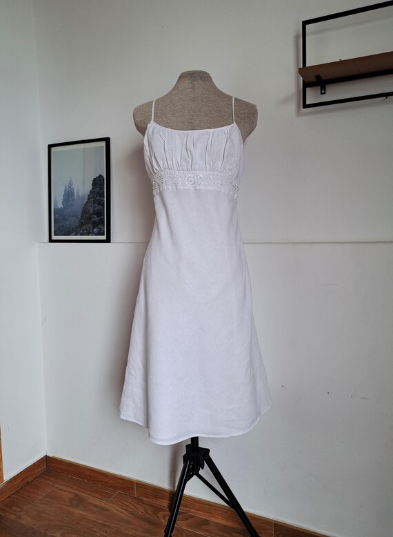 Vintage White Linen Slip Dress: Etam Beaded Spaghetti Strap