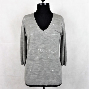 Armani Jeans Women&#39;s Sweater, Pure Wool Gray V-Neck Pullover, Sequins Embellished Knitted Jumper