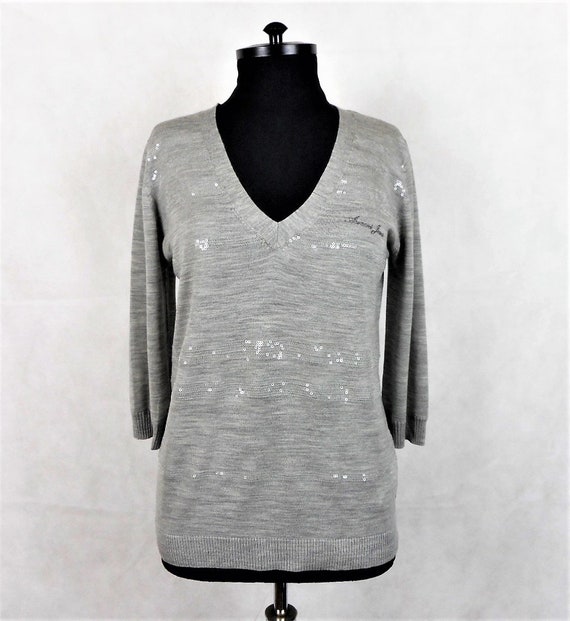 Armani Jeans Women's Sweater, Pure Wool Gray V-Nec