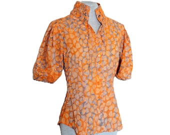 Vintage Adolfo Dominguez Cotton Blouse Orange Gray Short Puff Sleeves Size S