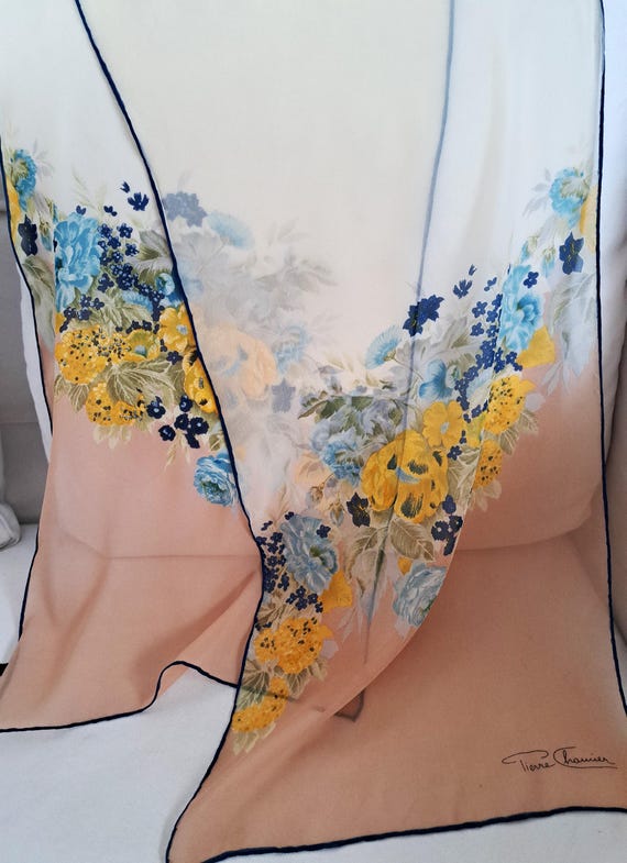 Vintage Pierre Charrier Silk Chiffon Long Scarf Delicate Floral Hand Rolled Edges