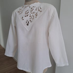 Antique 1930-40s Linen Blouse with Handmade Cutwork Embroidery, Long Sleeves, Button-Up Back, One-of-a-Kind