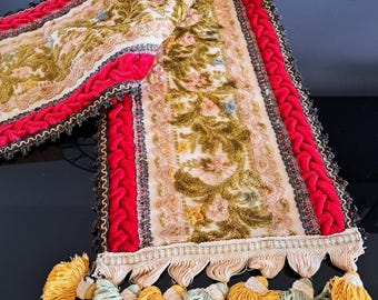 Antique Velvet Tapestry Table Runner Metallic Trim and Tassels Red Green