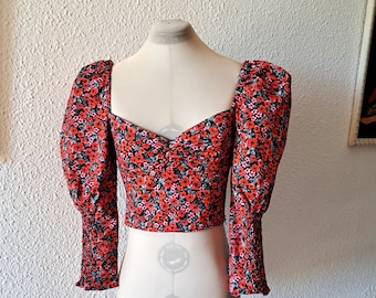 Vintage Floral Corset Crop Top, Red Black Print Puff Sleeve
