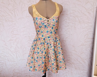 Lace Cutwork Floral Skater Dress: Pink Turquoise Party Mini Dress