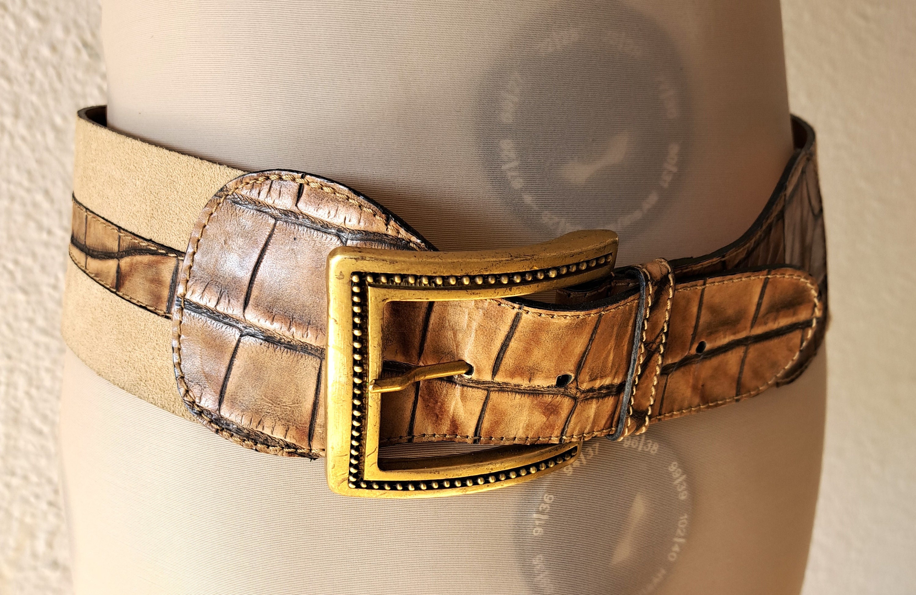 Genuine Leather Brass Buckle Wide Belt Croc Detail Size 30 Wide Georgia Belt in Brown Croc main image 2