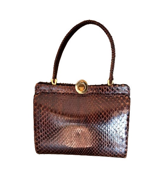 Vintage 1940s Brown Snakeckin Bag Top Handle Gold Tone Metal Vintage 1940s Brown Snakeckin Bag Top Handle Gold Tone Metal