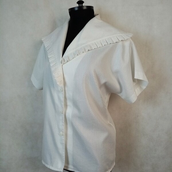 Chemisier à col large blanc pour femmes Solange Mondor Swiss Made, vintage 80s Sailor Collar Top