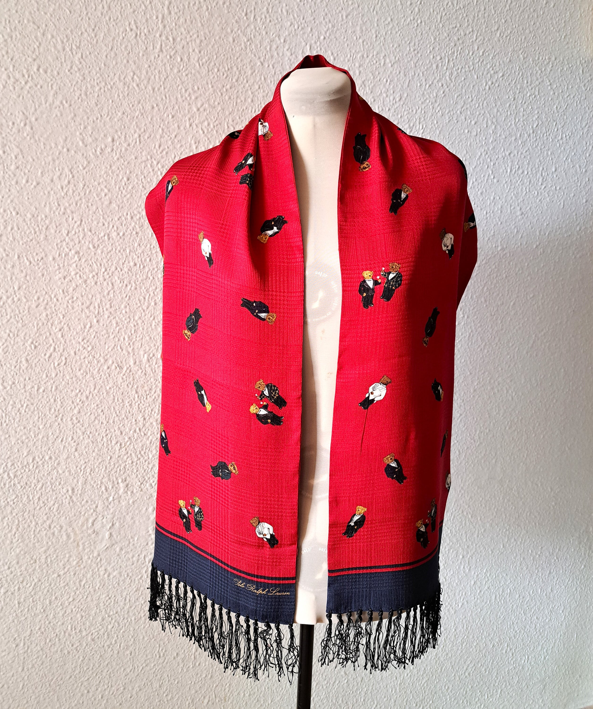 Vintage Polo Ralph Lauren Silk Scarf: Martini Bear Plaid, Fringed