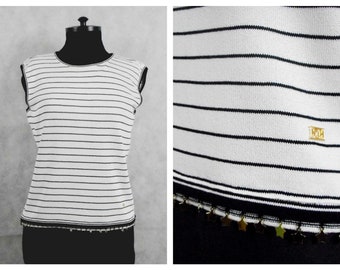 Vintage 90s Escada Knit Top White Black Striped Sleeveless Jersey Blouse Embellished Top Medium