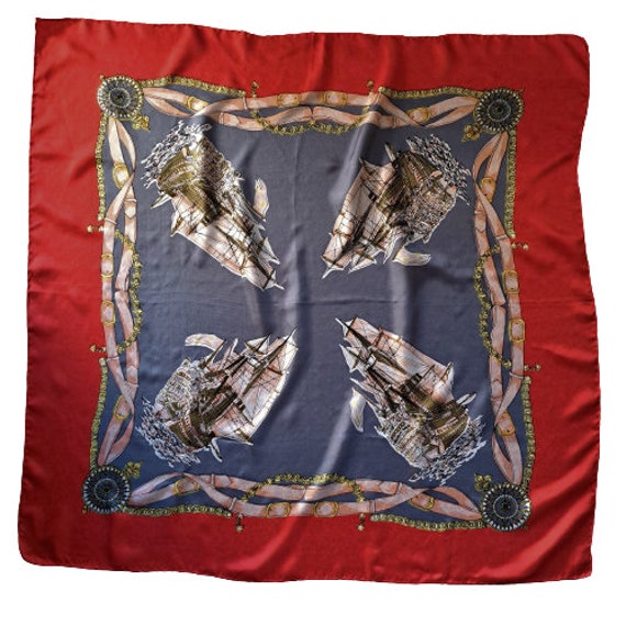 Vintage Nautical Theme Silk Scarf, Red Gray Sailb… - image 2