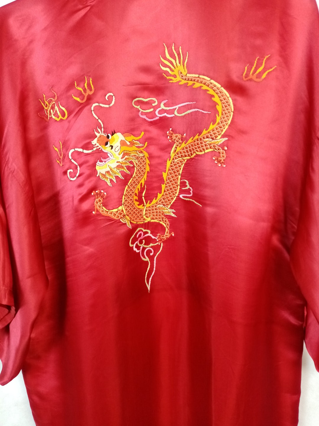Vintage Golden Dragon Chinese Red Silk Robe, Hand Embroidery Dragon ...