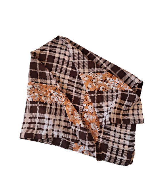 Vintage Silk Scarf Brown/Beige Checkered and Floral Design