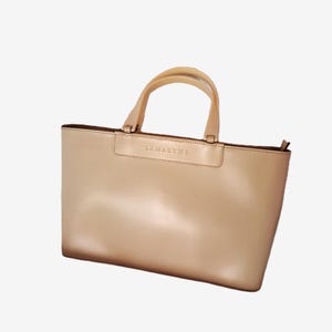 Borsa Lamarthe vintage in pelle color crema, stile tote minimale, con manico in plastica
