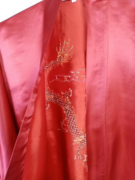 Vintage Golden Dragon Chinese Red Silk Robe,  Han… - image 4