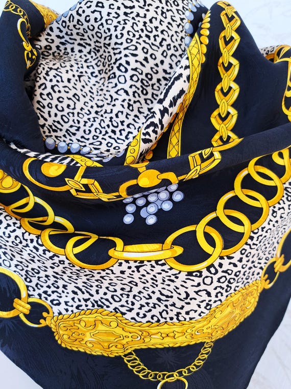 Vintage Silk Scarf: Black, Gold Leopard & Chain Print - Etsy display picture 3