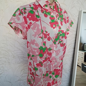 Jim Thompson Women's Linen Shirt, Floral Pink Green Button Down Short Sleeve Blouse, Size 12
