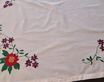 ヴィンテージ手刺繍花柄テーブルクロス：ホワイトコットン、28.4インチ