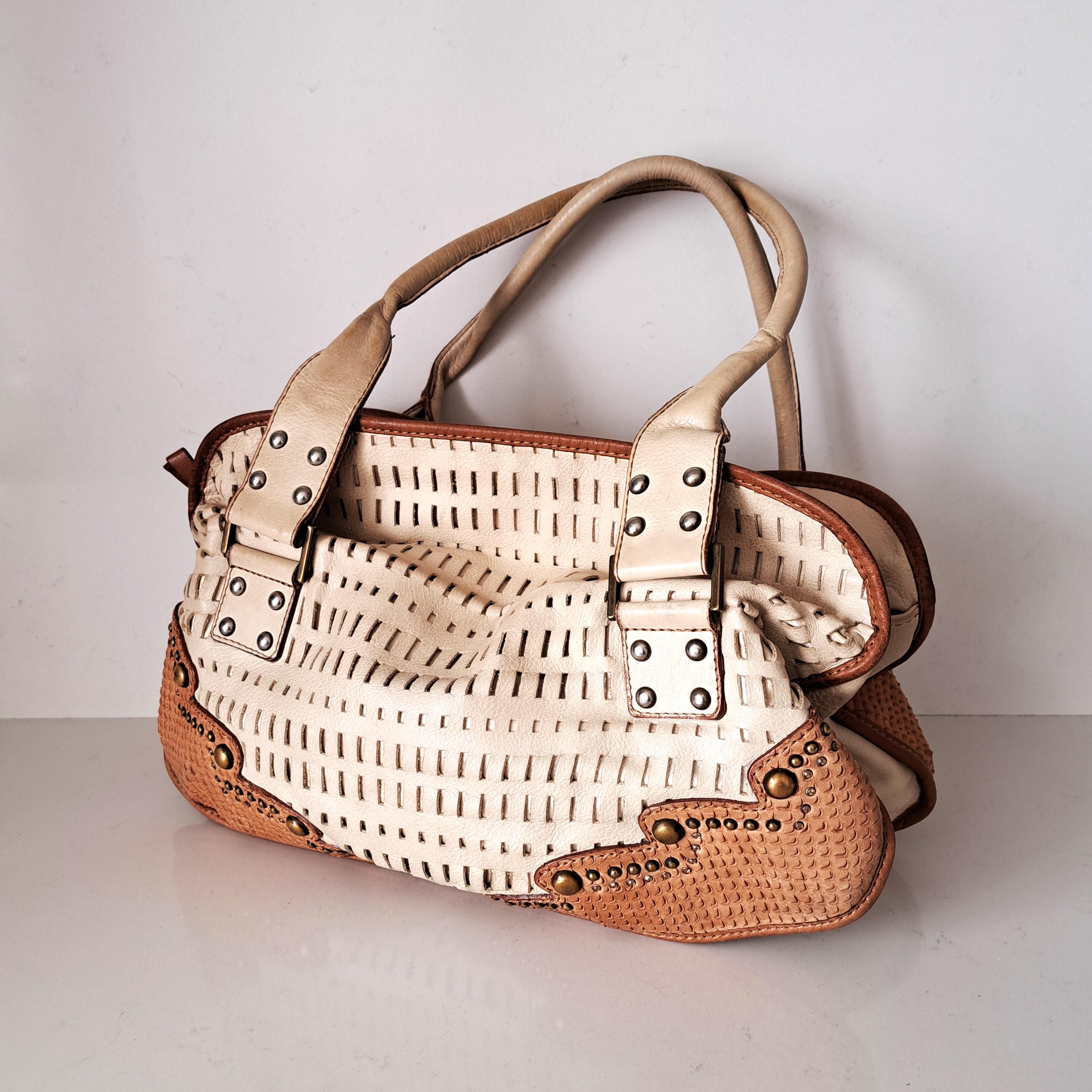 Borsa vintage in pelle beige/marrone con manico superiore, borsa a