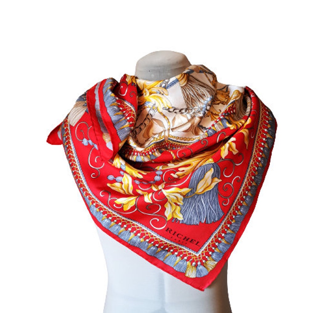 Richel Paris Silk Scarf Red Gray Yellow Bright Colors Scarf - Etsy
