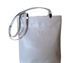 Vintage Genuine Leather Bag Vicosta, Light Gray Shoulder Tote Handbag