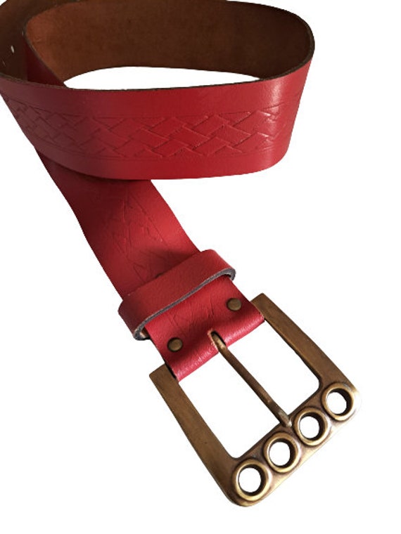 Vintage Women's Genuine Leather Red Belt, Wide Ca… - image 2