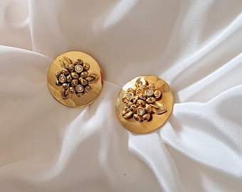 Vintage Gold Tone Flower Clip On Earrings with Rhinestones