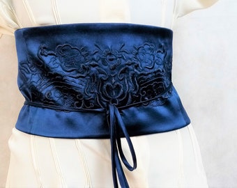 Ceinture brodée en soie bleu cobalt taille large ceinture en soie laurier vintage pour femme Obi Ceinture
