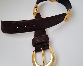 Vintage Brown Leather Belt: Gold Lion Head Links, Made in  display picture 3
