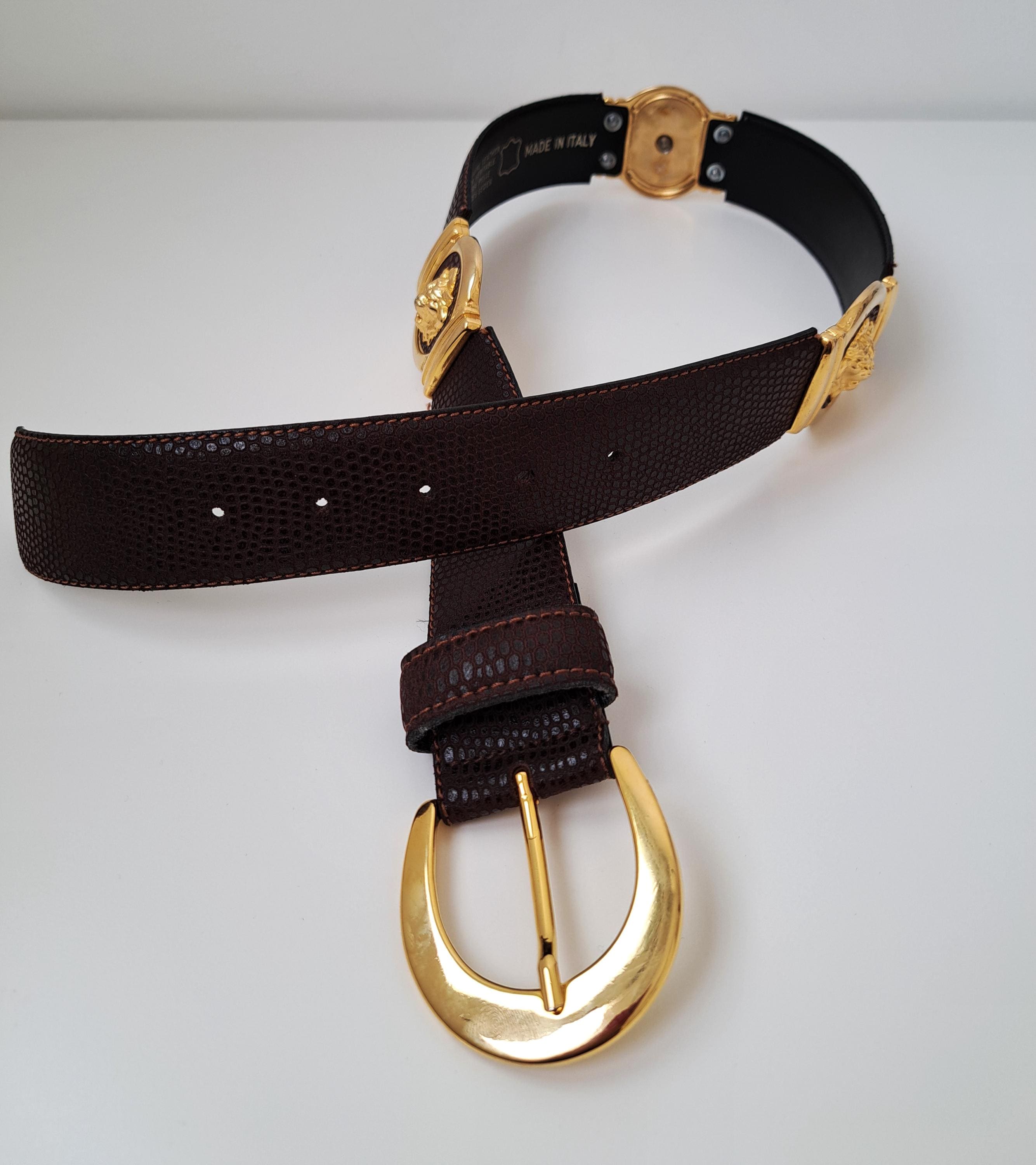 Vintage New Italian Leather Chain Link Belt With Brass Buckle Brown Shades L XL Carter Grommet Belt - Brown Italian Leather with Brass  main image 3