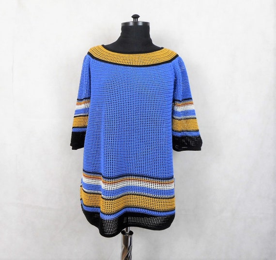 Vintage Missoni Blue Yellow Mesh Knit Blouse
