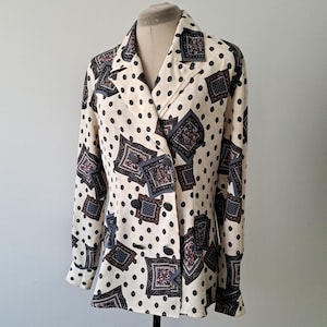 Vintage 80s Scarf Print Blouse: Double Breasted Polyester Top