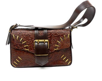 Vintage Brown Leather Handbag,  Embossed  Brown Leather, Tooled Pattern Bag, Floral Printed Bag, Genuine Leather and Metal Decorations