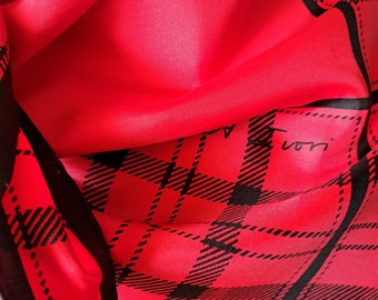 Red Black Plaid Border Square Silk Scarf Vintage Hand Rolled Edges