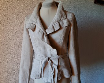 Max Mara Weekend Linen Beige Jacket with Ruffle Lapel and Pockets, Small