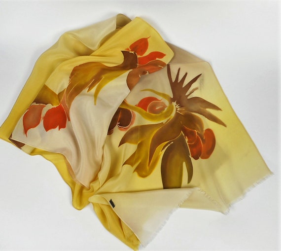 Vintage Silk Scarf, Pale Yellow Beige Abstract Mo… - image 2