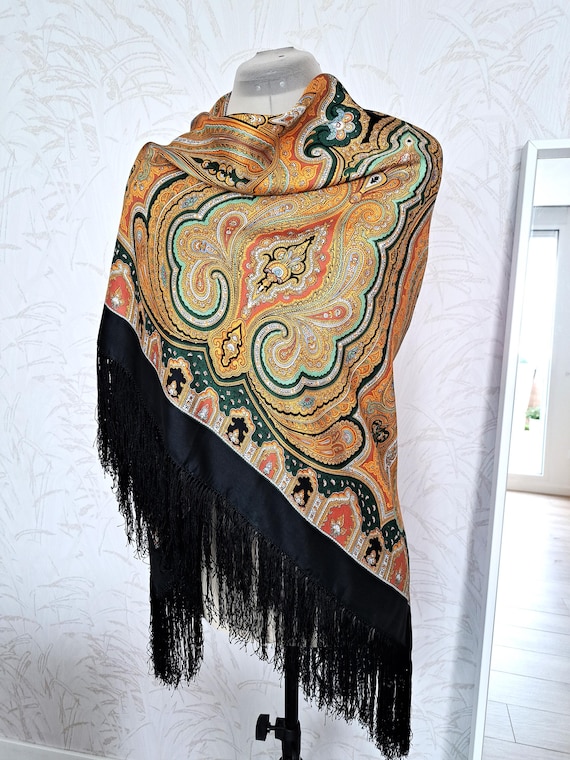 Vintage Large Silk Scarf Paisley Design With Fringe 128cm - Etsy