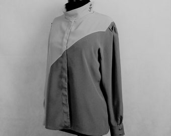 Vintage 90s Louis Feraud Paris Silk Blouse, Gray Color- Block Button Down Silk Shirt, Hign Collar Long Sleeve Blouse, Size 38