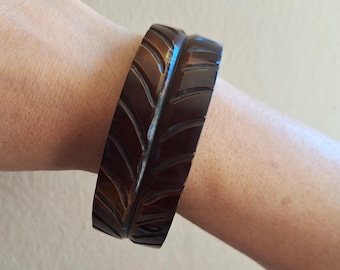 Vintage Carved Bone Bracelet Brown Wide Horn Bangle
