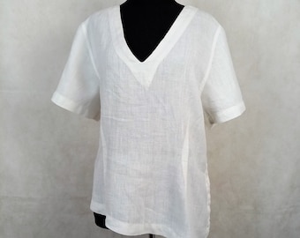 Vintage Weißes Leinen Top, Knopf seitlich asymmetrische Bluse, Größe L